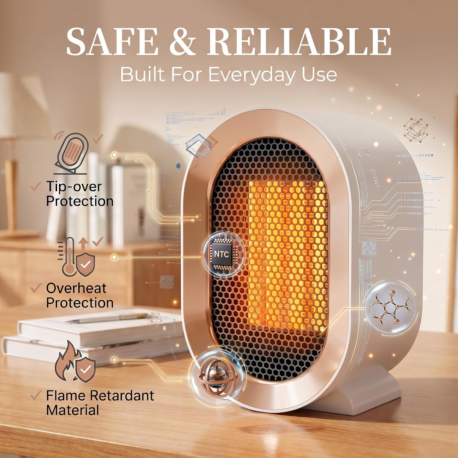 Indoor Electric Portable Space Heater, 1200W Personal Desk Heater, Fast Quiet Heating Ceramic with Thermostat for