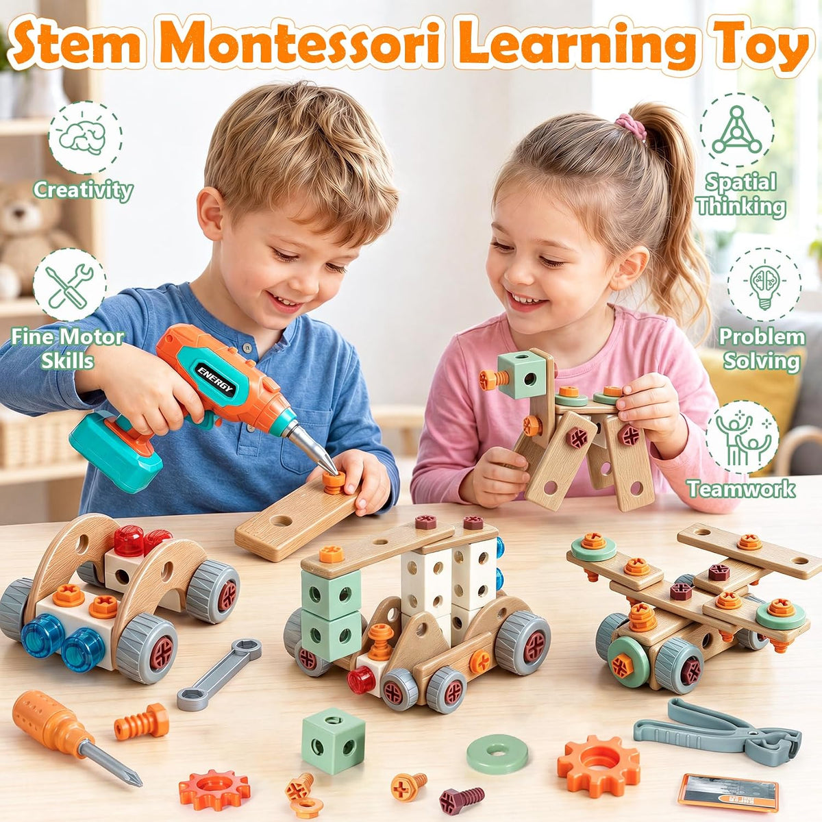 Kids Tool Set with Drill & Toolbox, 160PCS STEM Construction Building Toys
