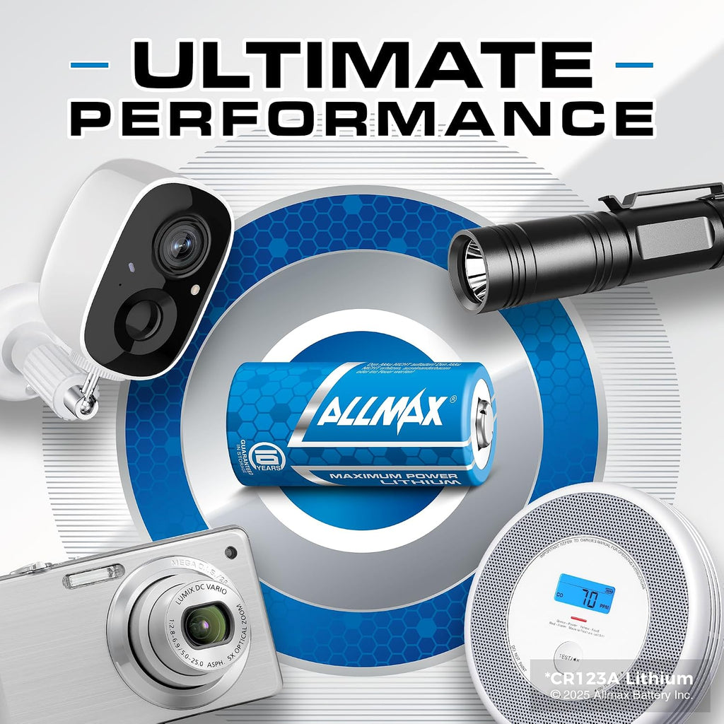 Allmax CR123A Maximum Power Lithium Batteries (16 Count) – 3V | 10-Year Shelf Life • Perfect for Wireless Security