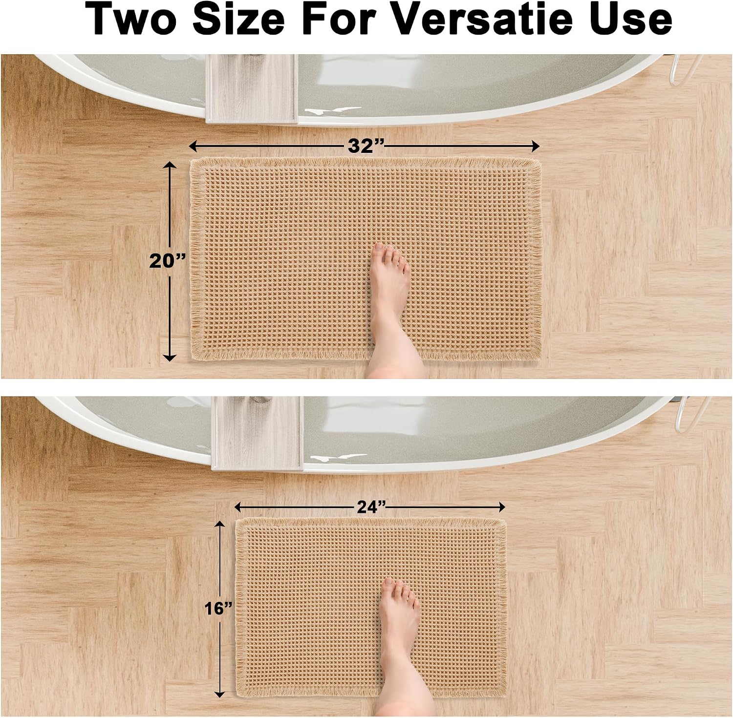 Set of 2 Brown Waffle Bath Mat 16" x 24" + 20" x 32" | Super Absorbent Non Slip Bathroom Boho Rug with Tassel