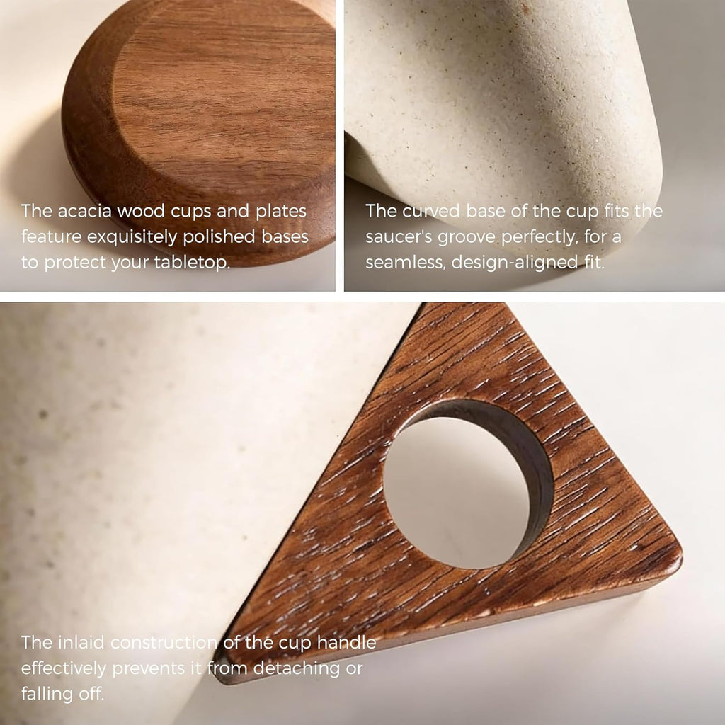 Retro Ceramic Cone Coffee Mug with Solid Wood Handle & Coaster, Creative Elegant Set for Home, Office, Restaurant