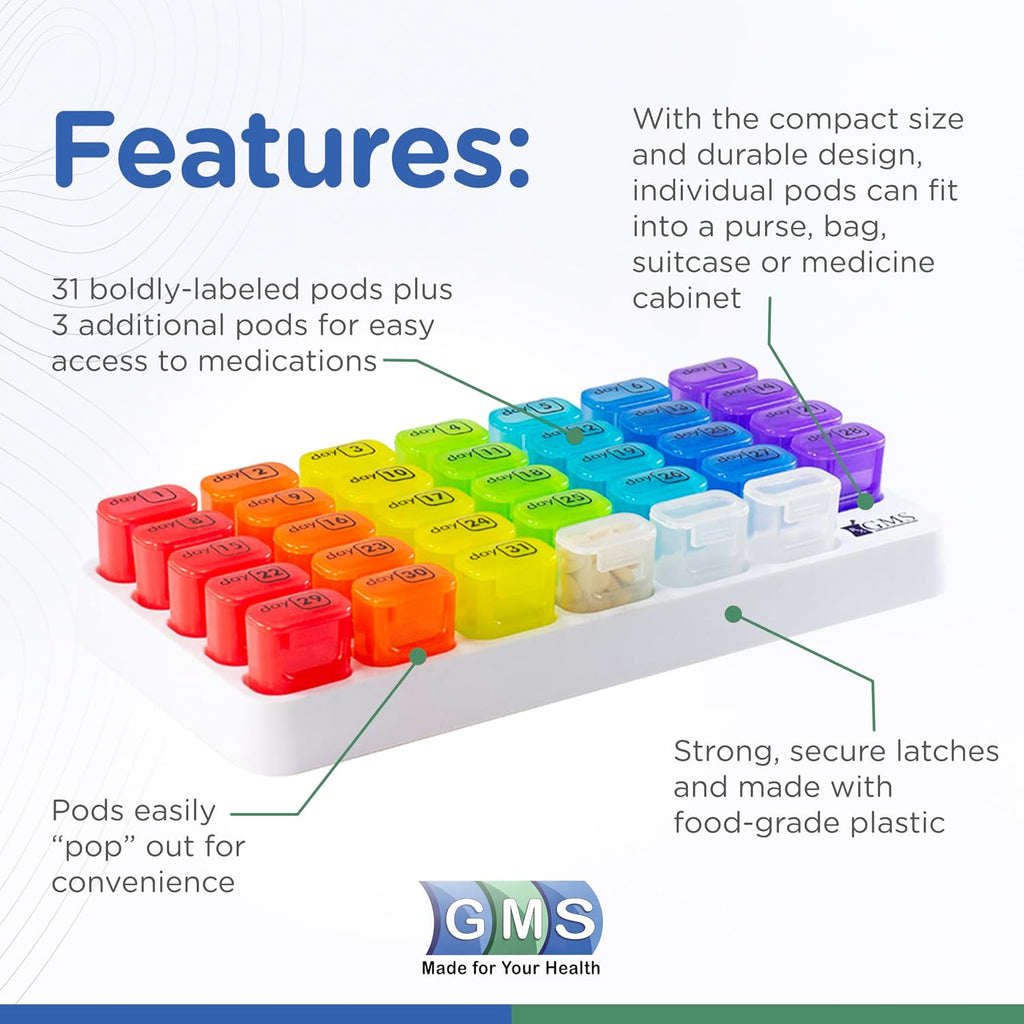 Monthly Pill Organizer - 31 Day Pop Out Pill Pods for Supplements, Vitamins & Medications - Ideal for Daily Use &