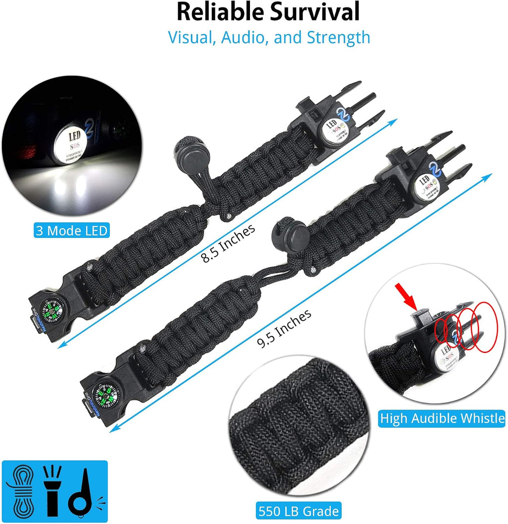 Survival Paracord Bracelet Set of 2 - SOS LED Light, Fire Starter, Compass, Whistle & Multitools - 550 Grade