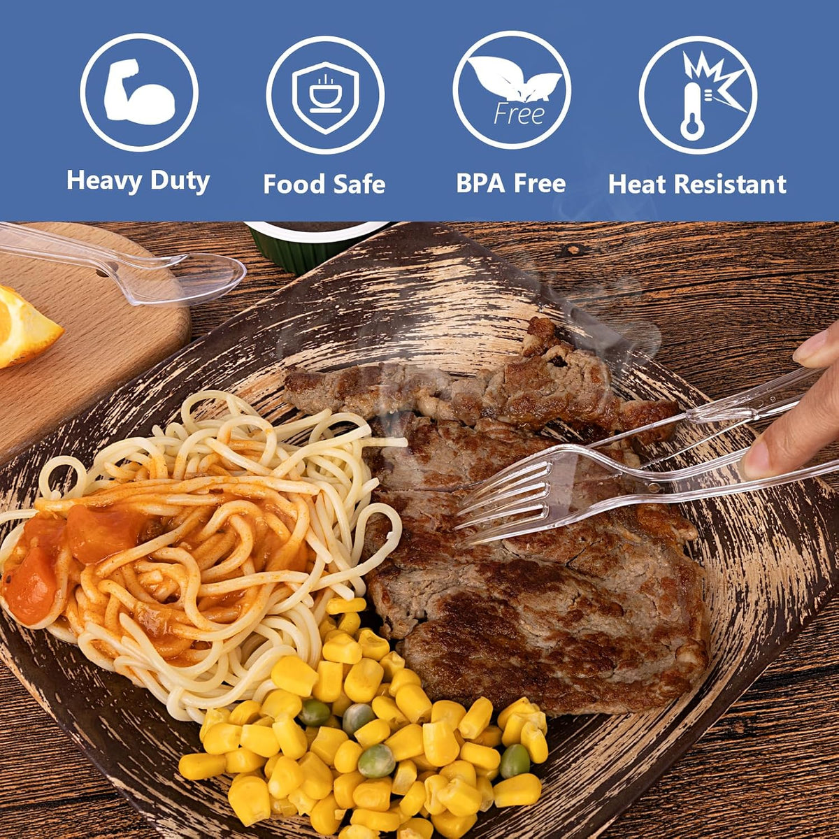 100 Count Clear Plastic Silverware Heavy Duty -50 Forks, 50 Spoons