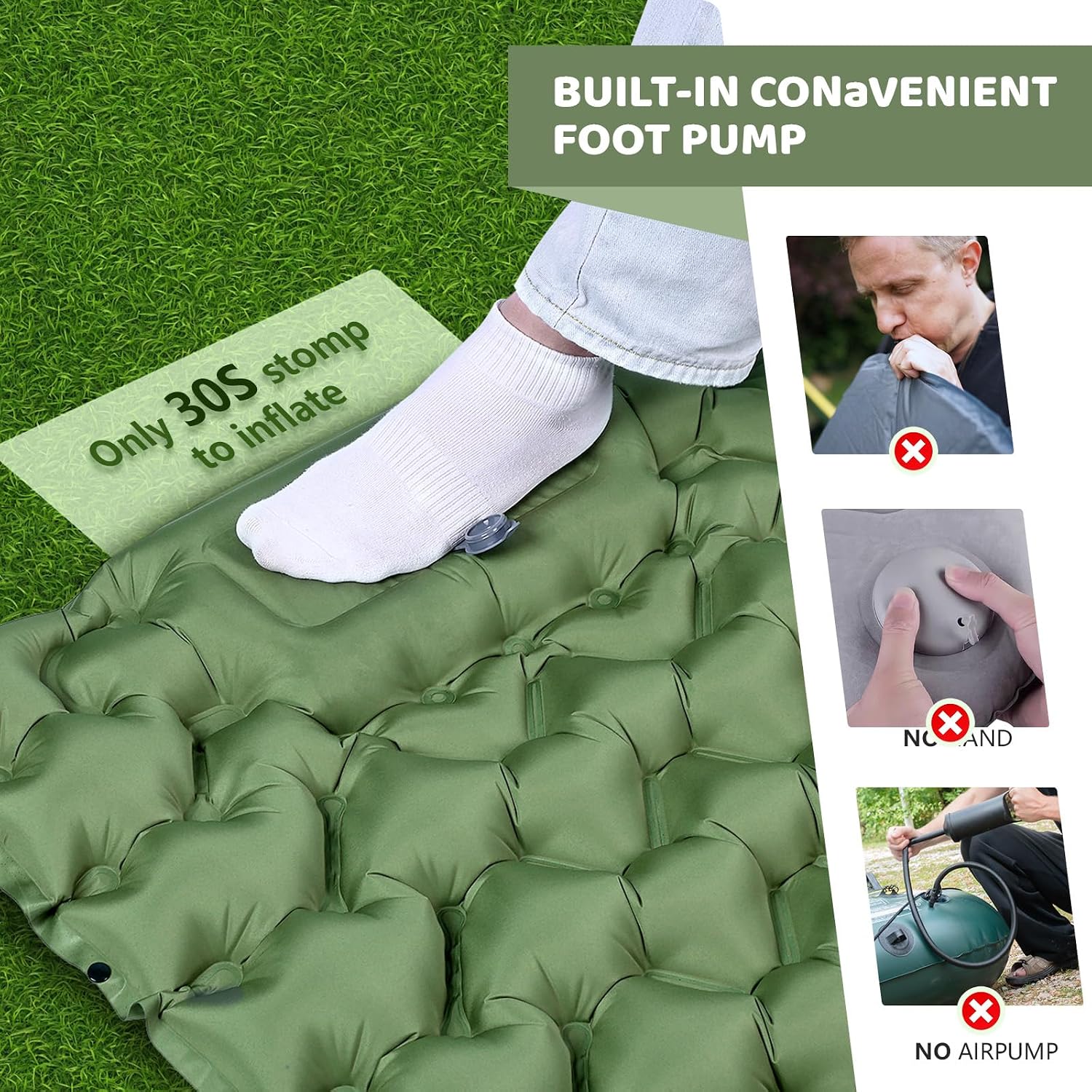 Sleeping Pad,Inflatable Camping Mattress with Pillow & Foot Pump | 40D Nylon Puncture-Proof, Quick Inflate/Deflate