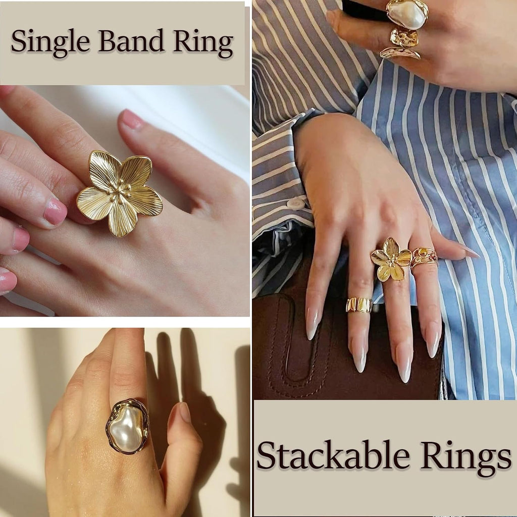 12 PCS Chunky Gold Rings for Women Non Tarnish Statement Flower Ring, 14K Gold Plated Stackable Open Stacking Rings