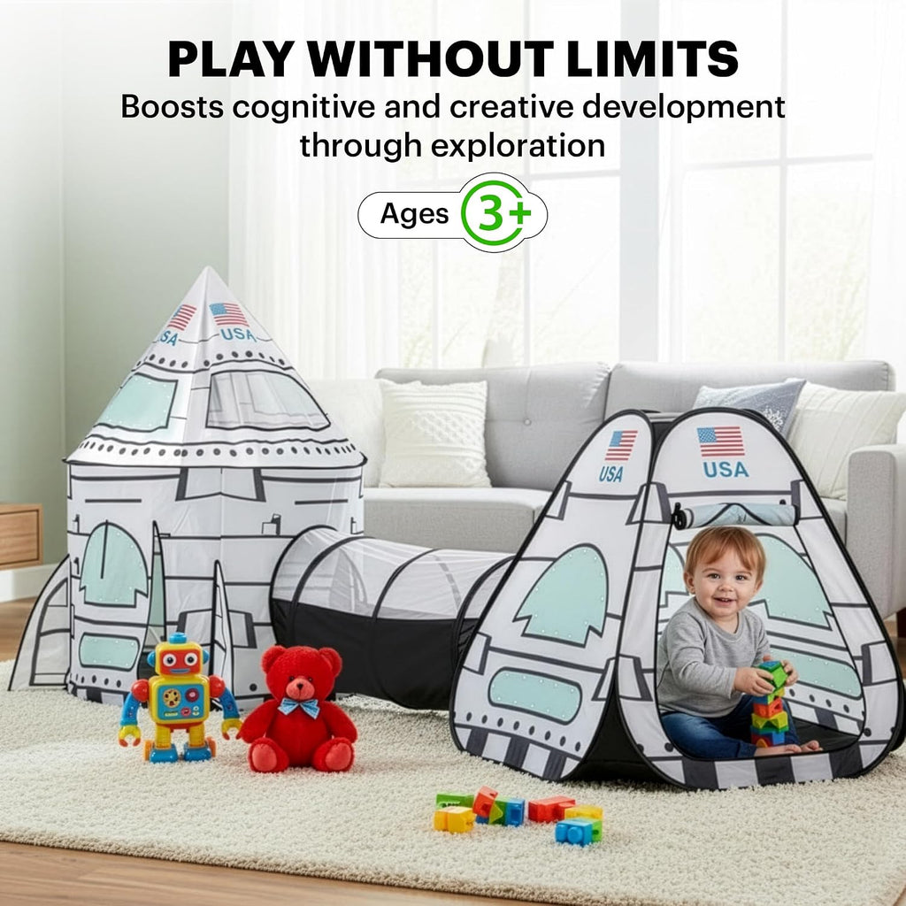 USA White Rocket Ship Play Tent with Tunnel, Pop Up Kids Playhouse Set, Indoor Outdoor Spaceship Tent for Boys Girls