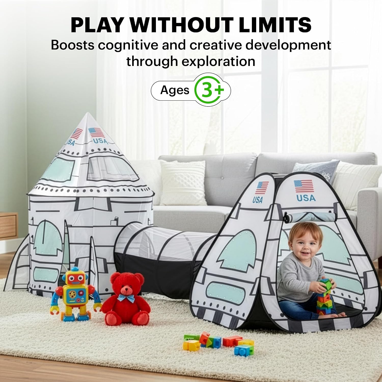 USA White Rocket Ship Play Tent with Tunnel, Pop Up Kids Playhouse Set, Indoor Outdoor Spaceship Tent for Boys Girls