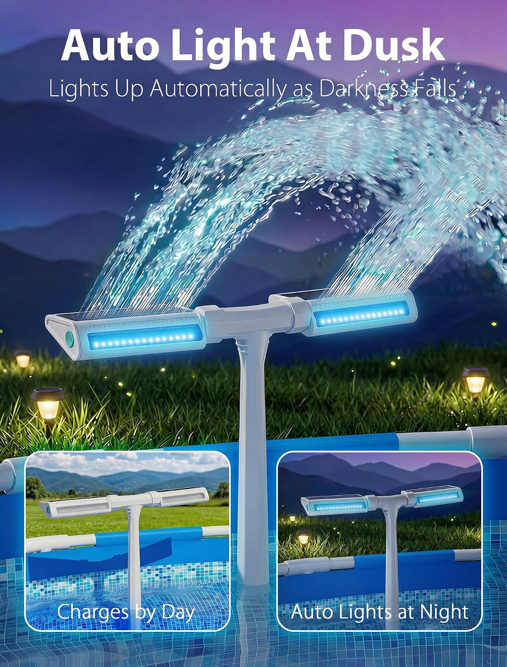 Solar Pool Fountain with Lights for Above Ground & Inground，White | Solar Powered Height Upgrade, 10-Color LED, 4
