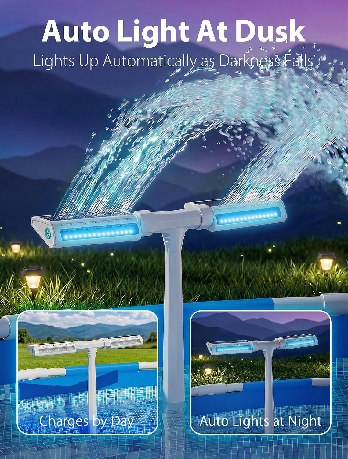 Solar Pool Fountain with Lights for Above Ground & Inground，White | Solar Powered Height Upgrade, 10-Color LED, 4
