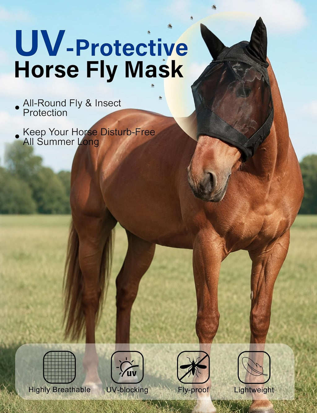 Horse Fly Mask with Ears, Comfy UV-Protective Fly Mask for Horses