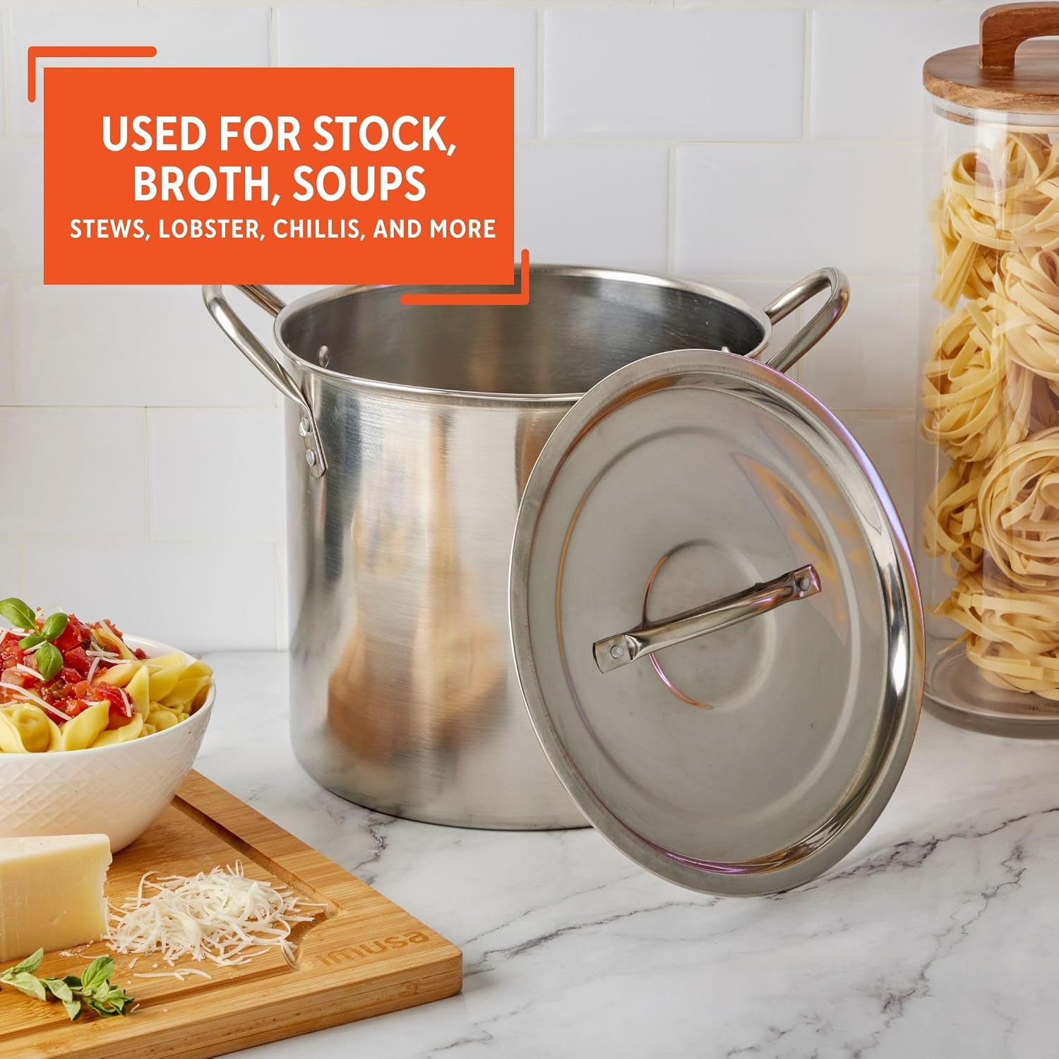 USA Stainless Steel Stock Pot 20-Quart, Silver | Mirror-Polished Finish, Durable Handles with Lid, Compatible with