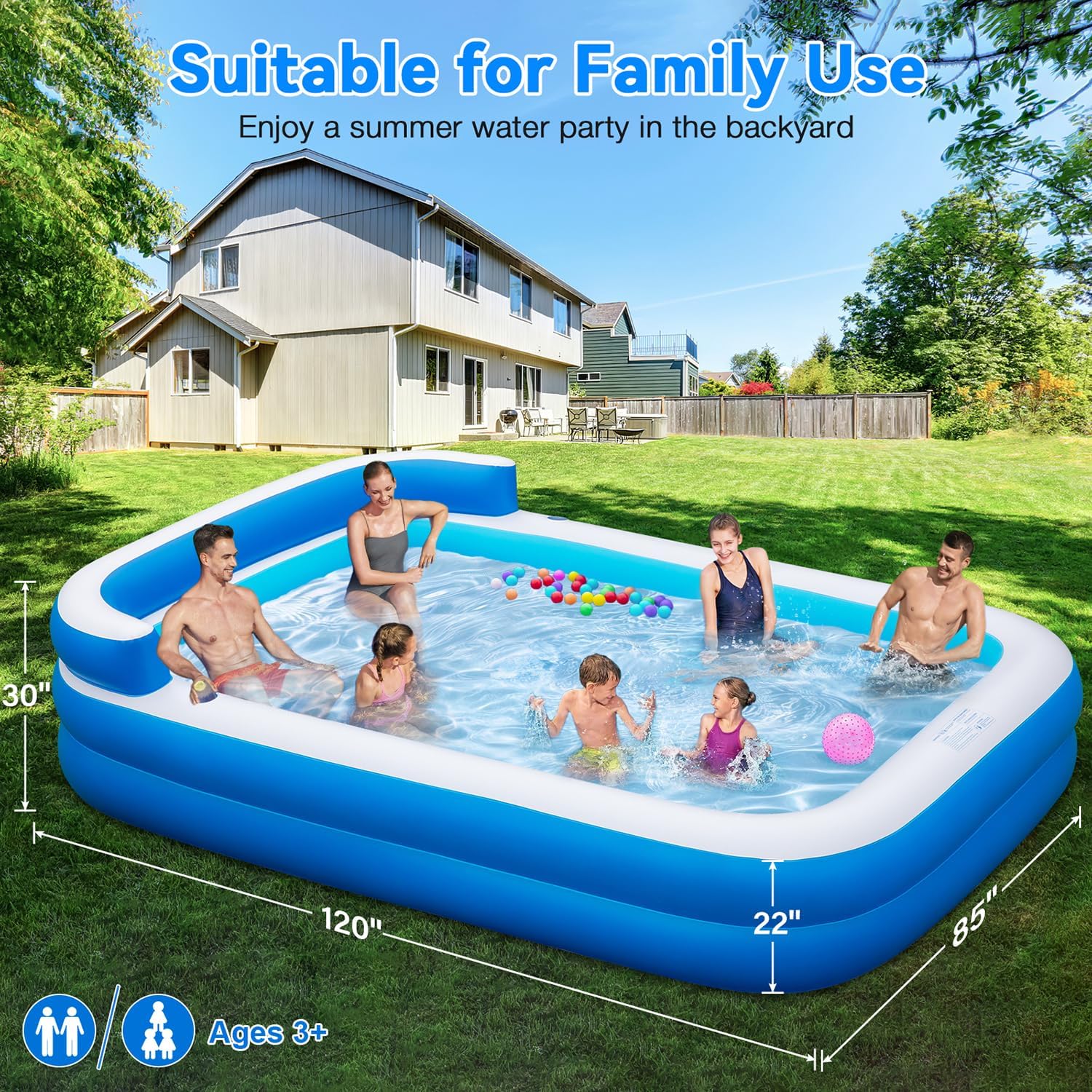 Extra Large Inflatable Pool for Adults 120"x85"x26" – Blow Up Pool with Seats & Backrest, Fits 10 Adults, Air Pump
