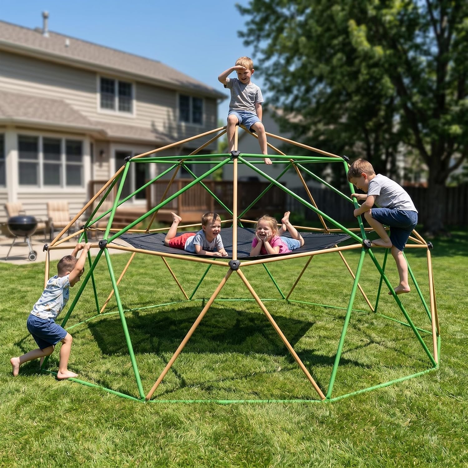 13FT Climbing Dome with Hammock and Swing, Outdoor Jungle Gym for Kids, Geometric Dome Climber Supporting 880 Lbs