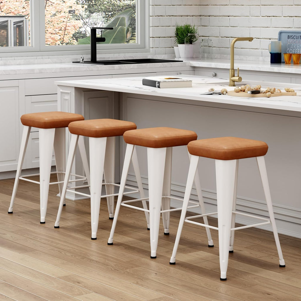 Backless Bar Stools Set of 4, 24" Brown PU Leather Barstools