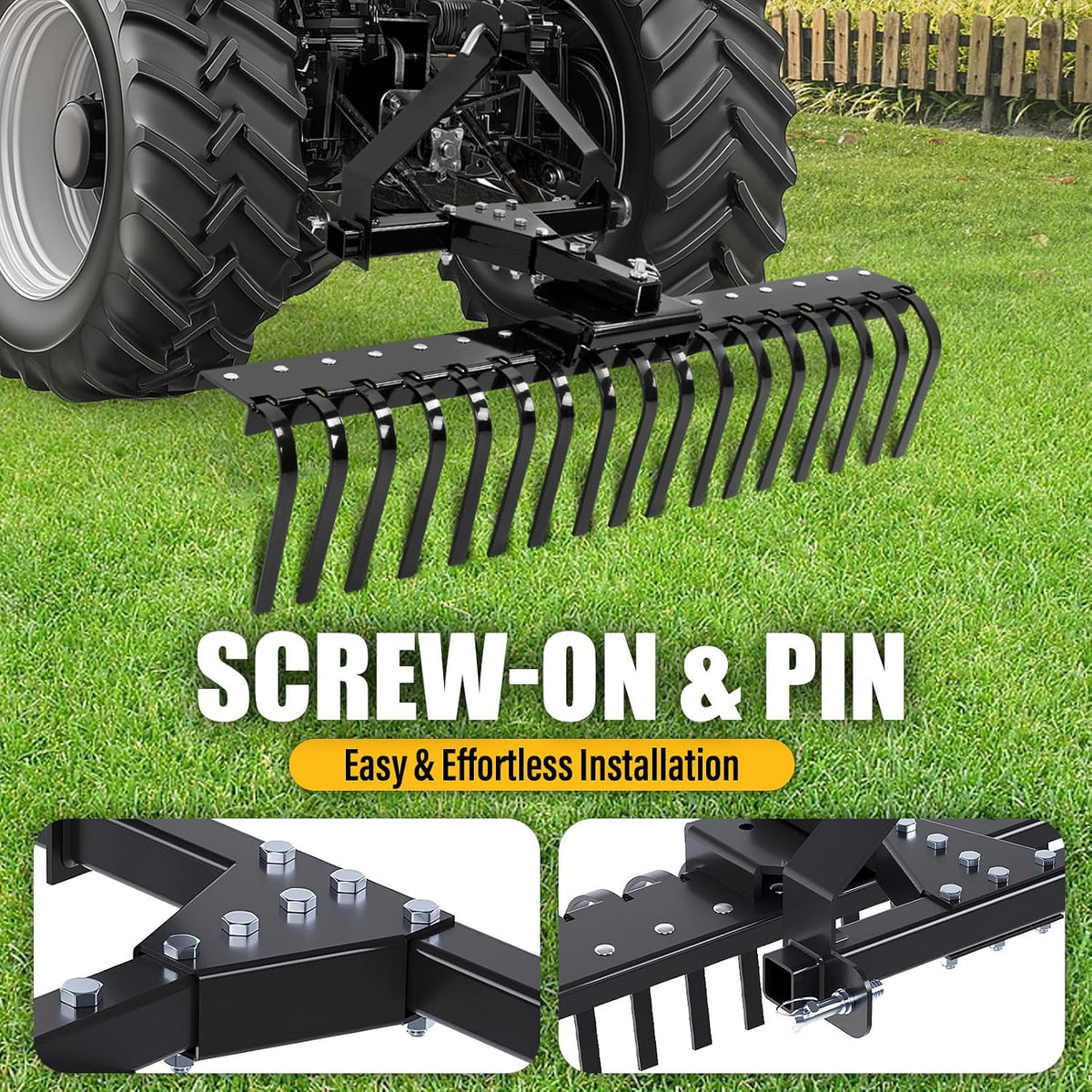 50In Landscape Rake Compatible with Category-0 Cat0 Tractor 3 Point & 5-Position Angle Adjustment for Garden, Farm