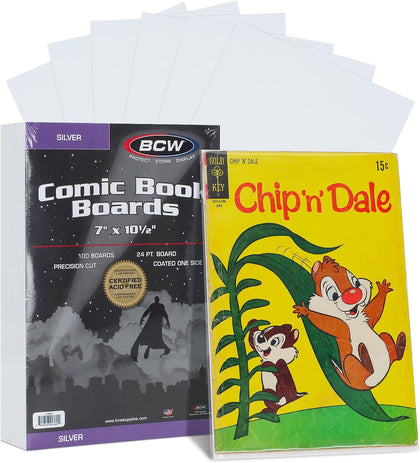 Silver Age Comic Backing Boards, 7 x 10.5 Inches, 24 Pt, 100 Count | Rigid 24 pt buffered boards help protect Silver