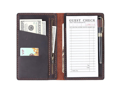 Server Book Organizer with Zipper Pocket, Genuine Leather Restaurant Guest Check Presenters Card Holder for Waitress