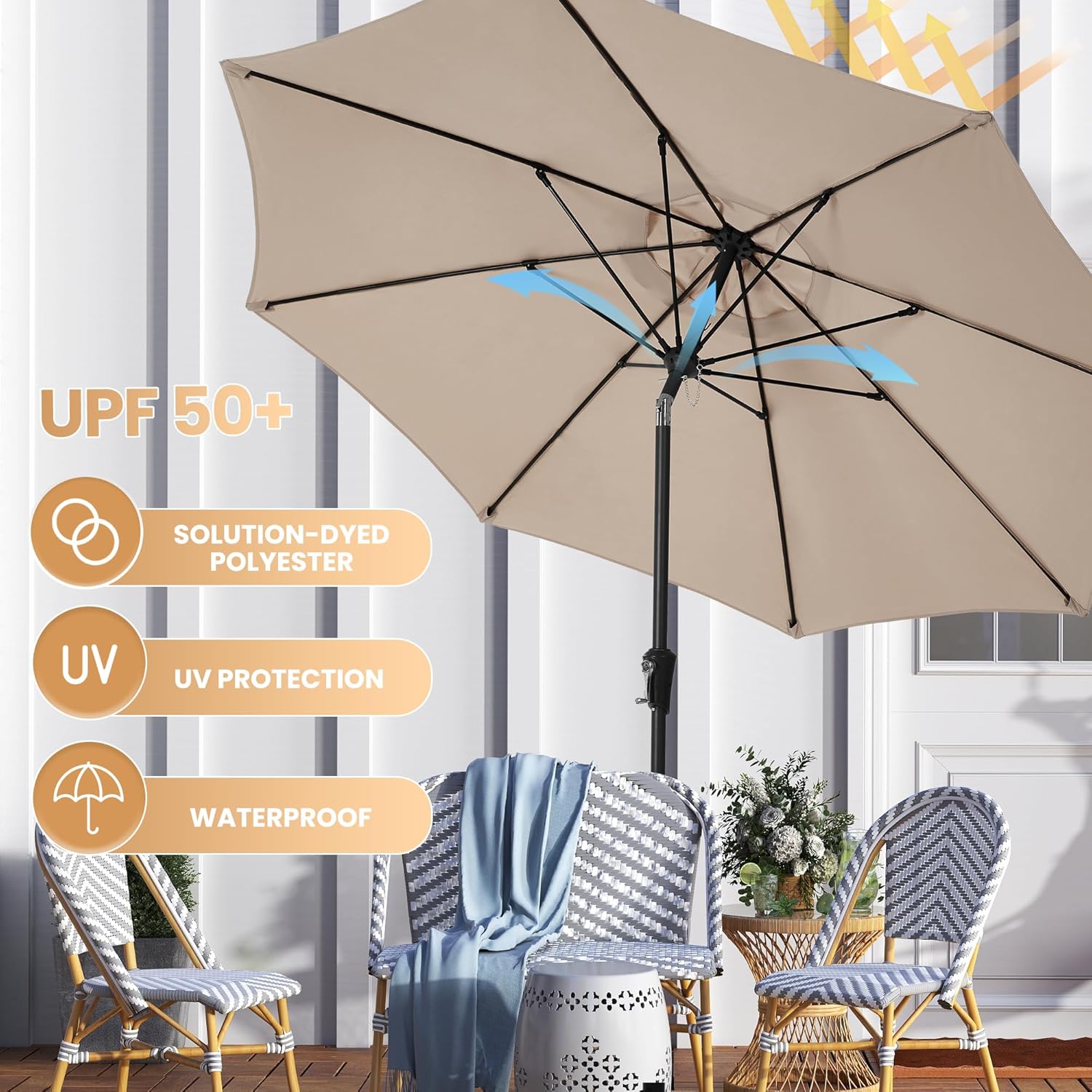 9FT Large Outdoor Patio Umbrella Market Table Umbrella-UV Resistant, Easy Push Button Tilt and Crank, 8 Sturdy