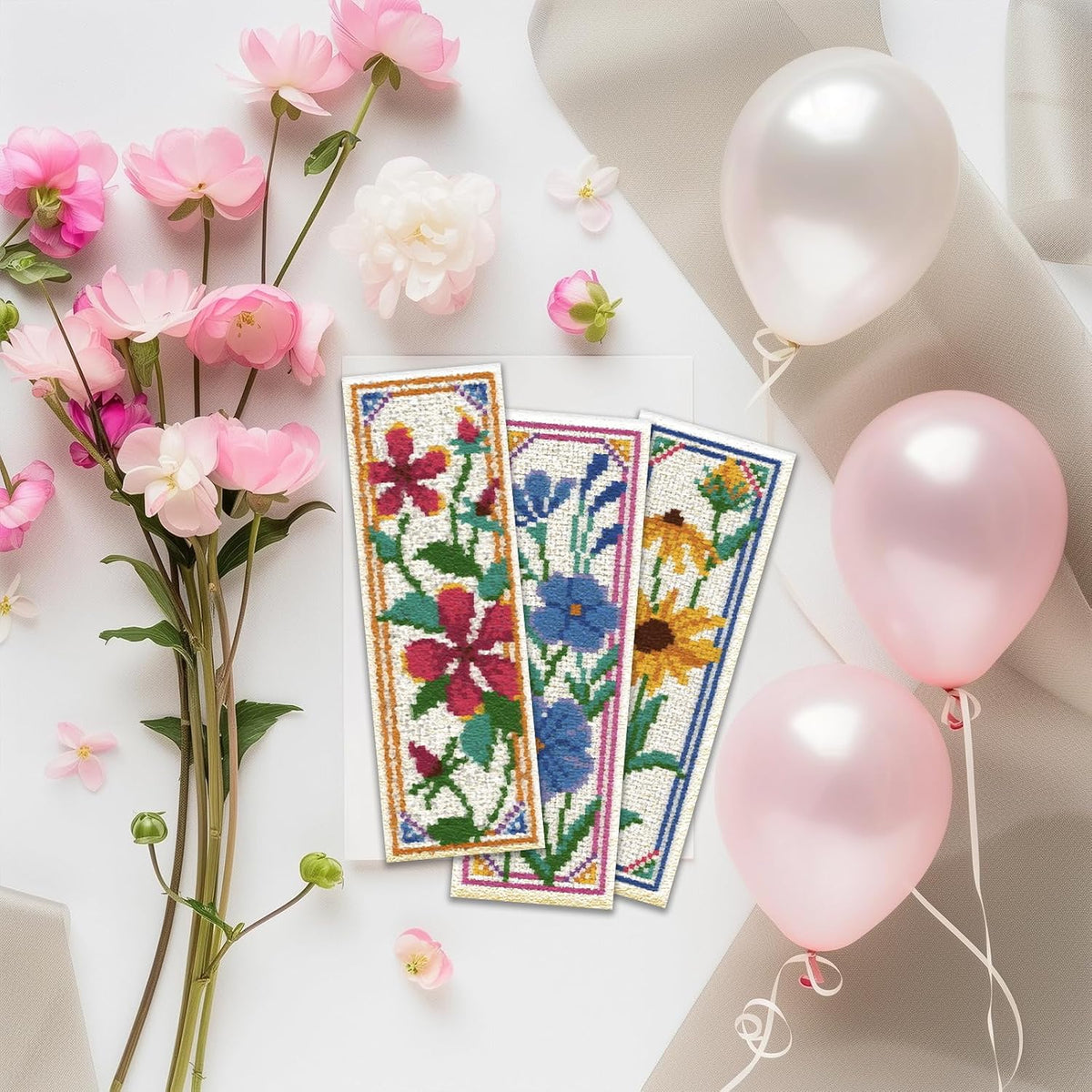 6 Pcs Flower Cross Stitch Bookmark Kit for Beginner with Backing Felt Floss Instruction Sunflowers Tulip DIY Stamped