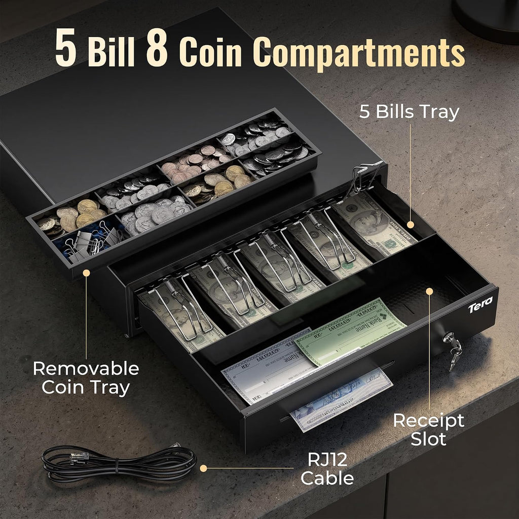 Cash Register Drawer 16 inch: 5 Bill 8 Coin Media Slot for POS, 415A | RJ-12 Interface, Auto & Manual Open, Removable