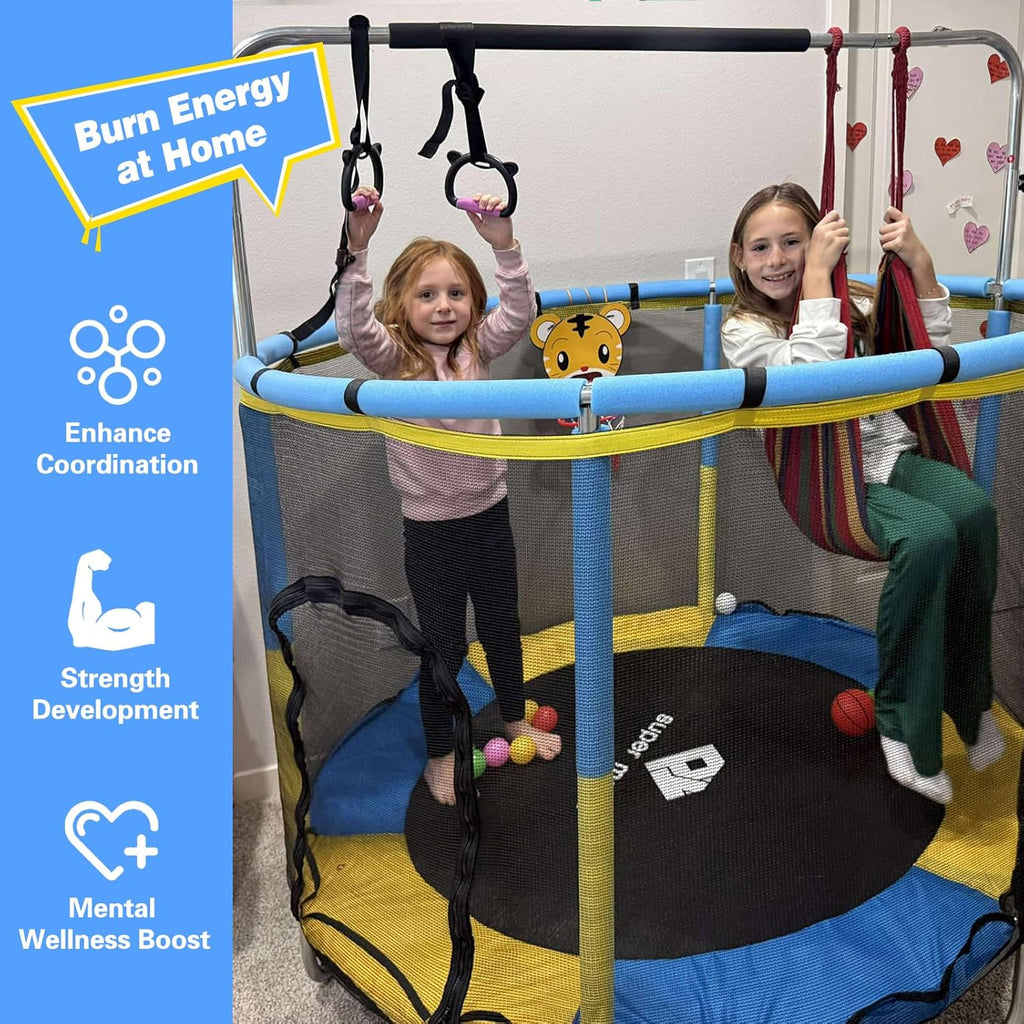 55" Indoor & Outdoor Trampoline for Kids with Enclosure, Toddler Trampoline with Adjustable Gymnastics Bar & Toys