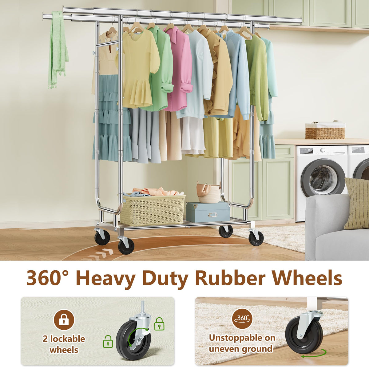 Heavy Duty Rolling Clothes Rack, 620 LBS Load Double Rod Adjustable Garment Rack with Storage Shelf, Portable