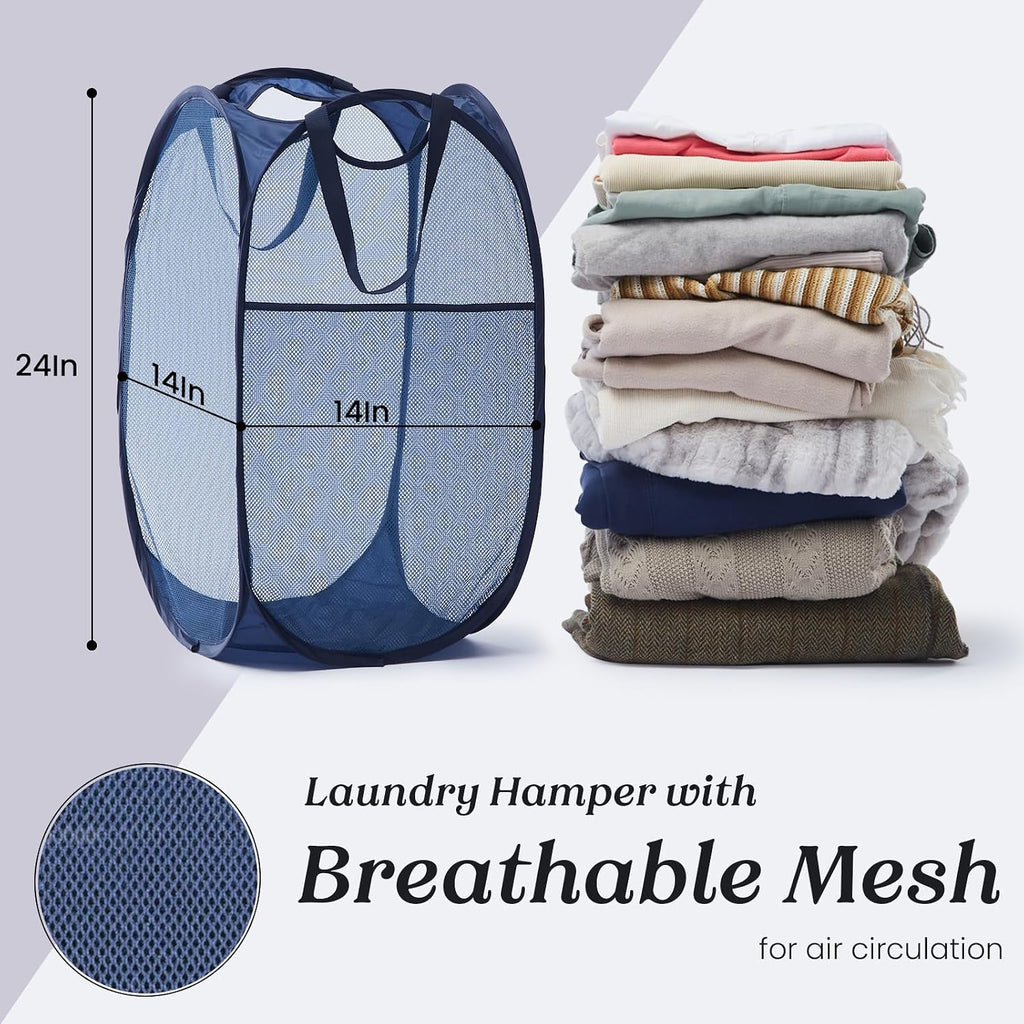Collapsible Mesh Laundry Basket with Side Pocket & Sturdy Handles | 60L, breathable and quick-drying, pops up