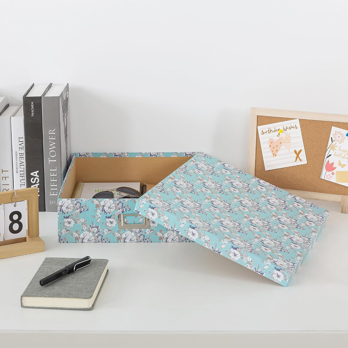 Floral Photo Storage Box, 14.8x13x3.7 In, Blue Cottage