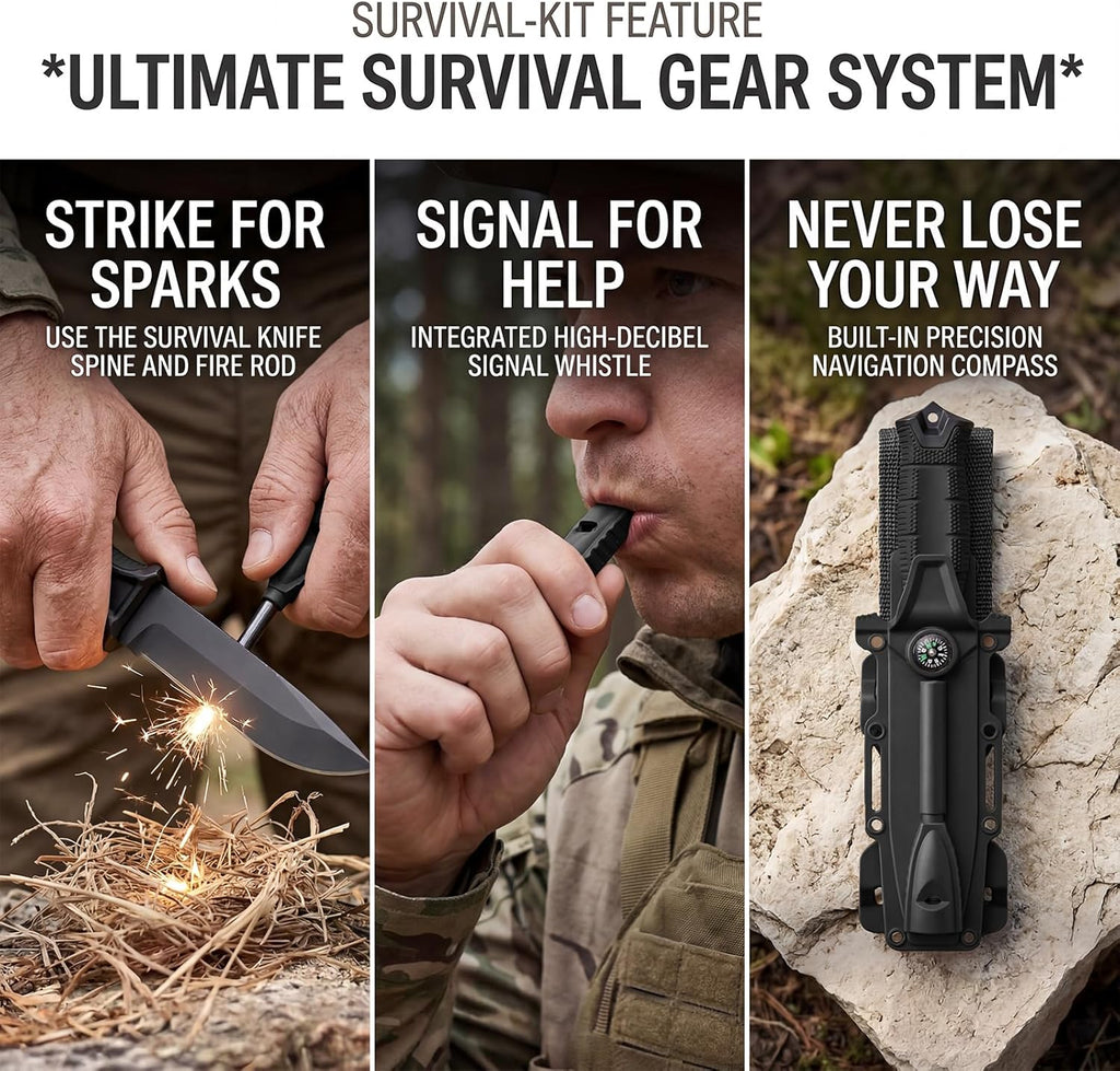 Fixed Blade Tactical Survival Knife, Full Tang 8Cr13MoV with Sheath, Fire Starter & Compass, Non-Slip Handle, for
