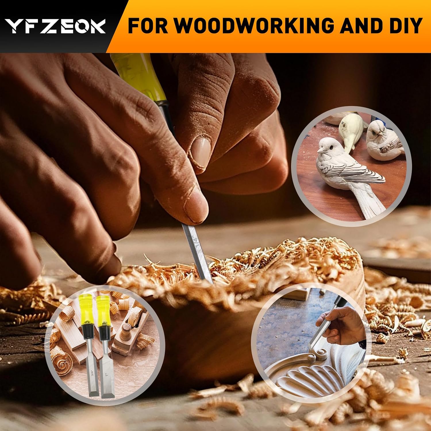 Wood Chisel Sets，4-Piece Woodworking Tools Set, CR-V Steel Beveled Edge Blades with Safety Caps. Durable PVC High