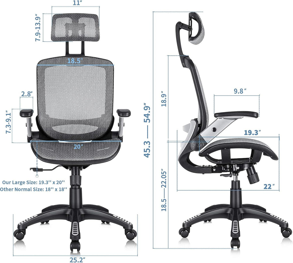 Ergonomic Office Chair, High Back Home Desk Chair with Headrest, Flip-Up Arms, 90-120° Tilt Lock and Wide Cushion