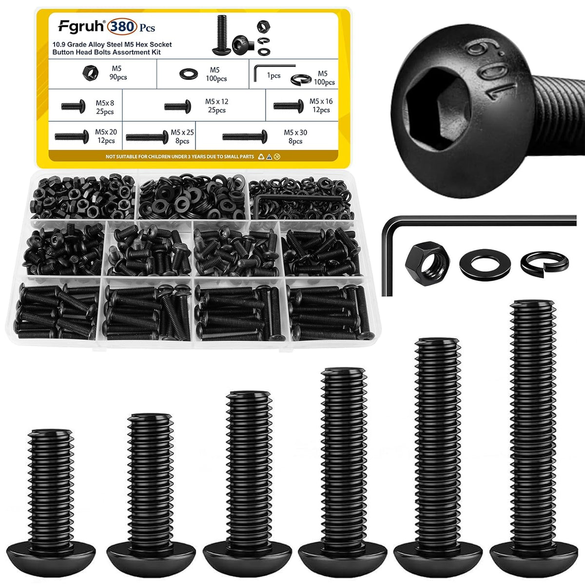 380PCS M5 Hex Button Head Screw Assortment Kit M5x8/12/16/20/25/30 mm