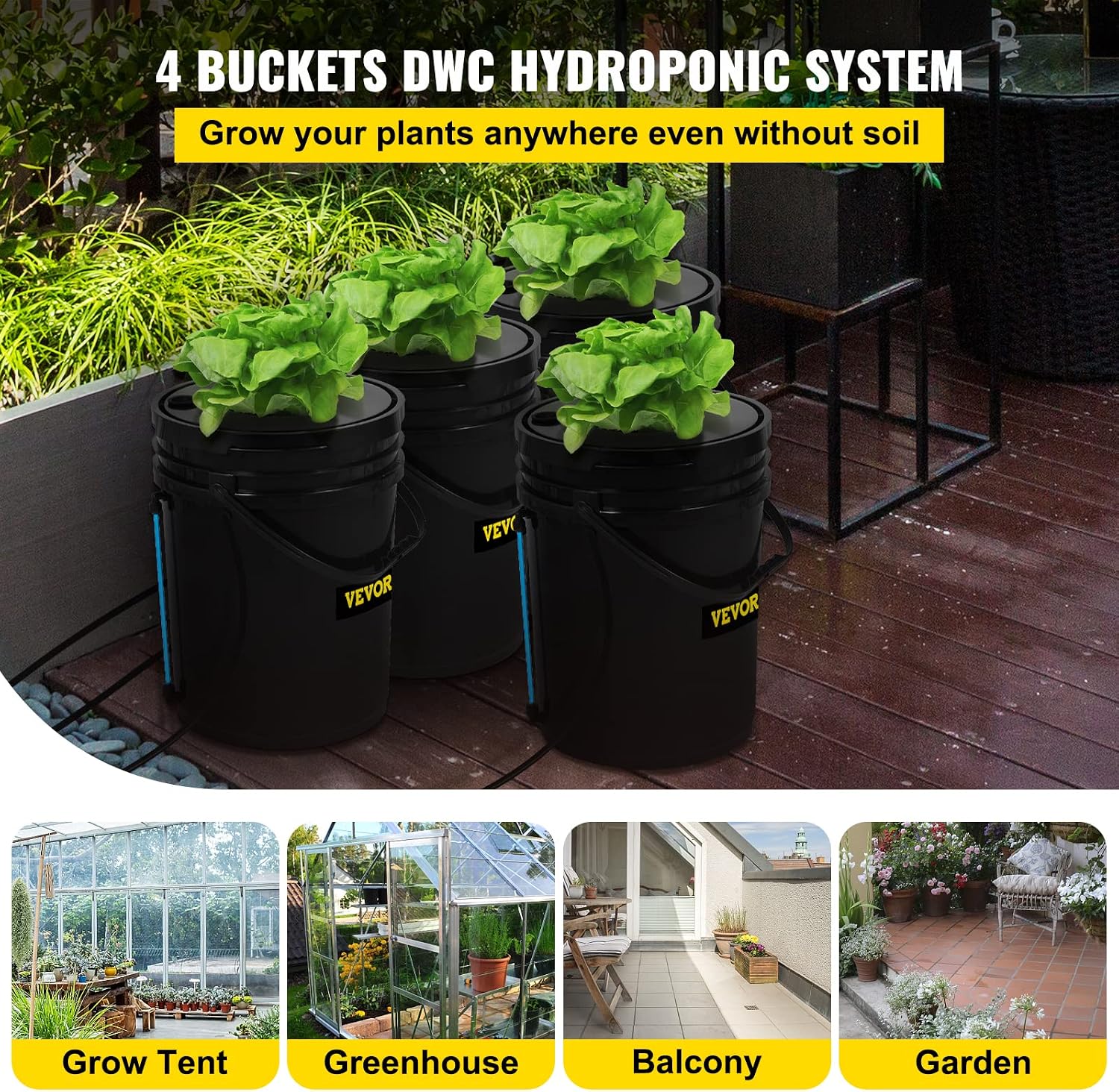DWC Hydroponic System, 5 Gallon 4 Buckets, Deep Water Culture Growing Bucket, Hydroponics Grow Kit with Pump, Air