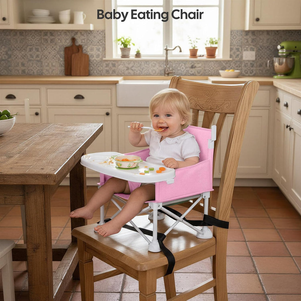 4-in-1 Portable Baby Chair, Foldable Toddler Booster Seat with Removable Tray, Canopy & Safety Harness, Pink