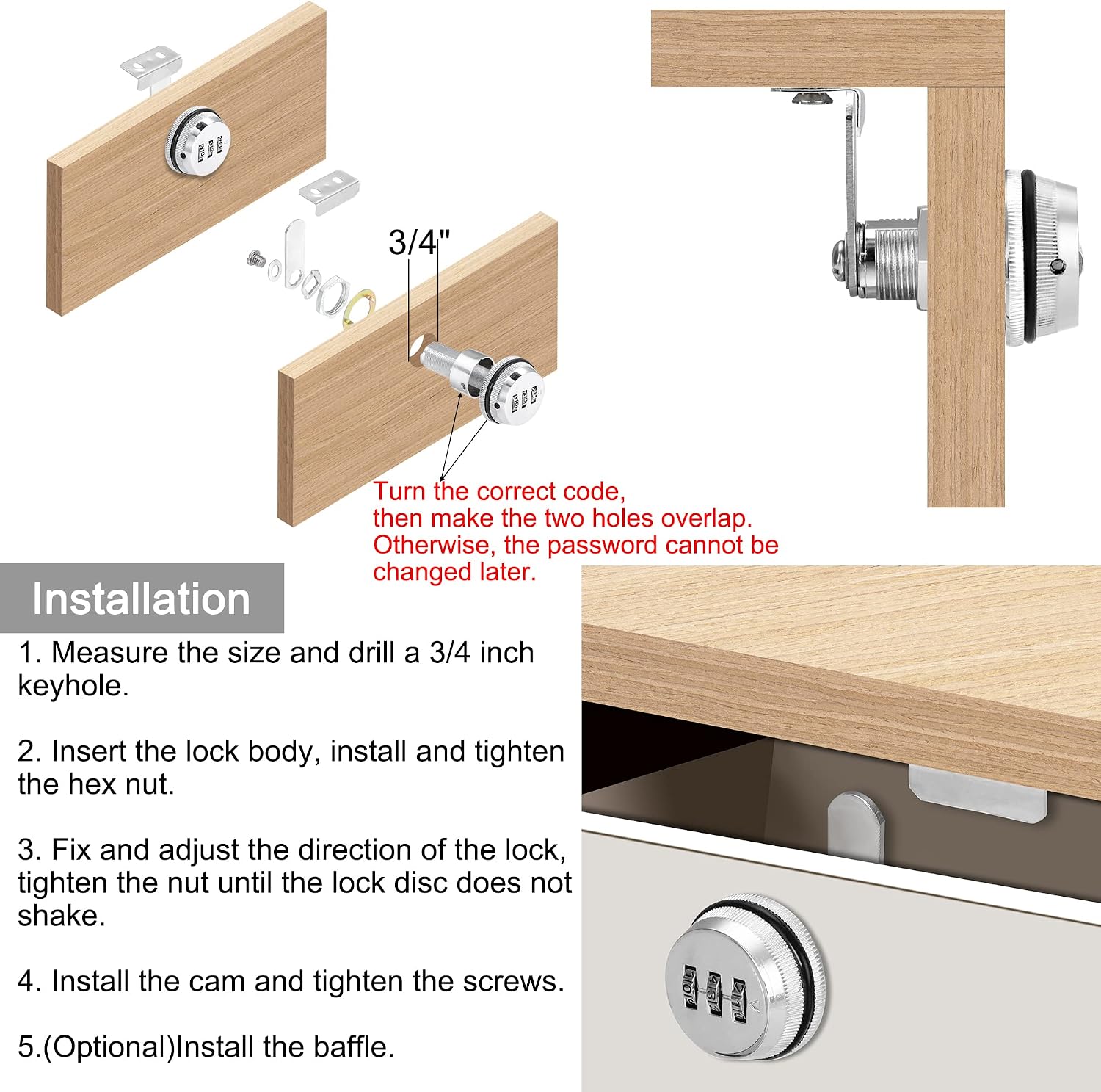 Number Combination Lock for File Cabinet, Cam Lock for Mailbox | 1-1/8 Inch Metal Combo Drawer Lock, Keyless Cabinet