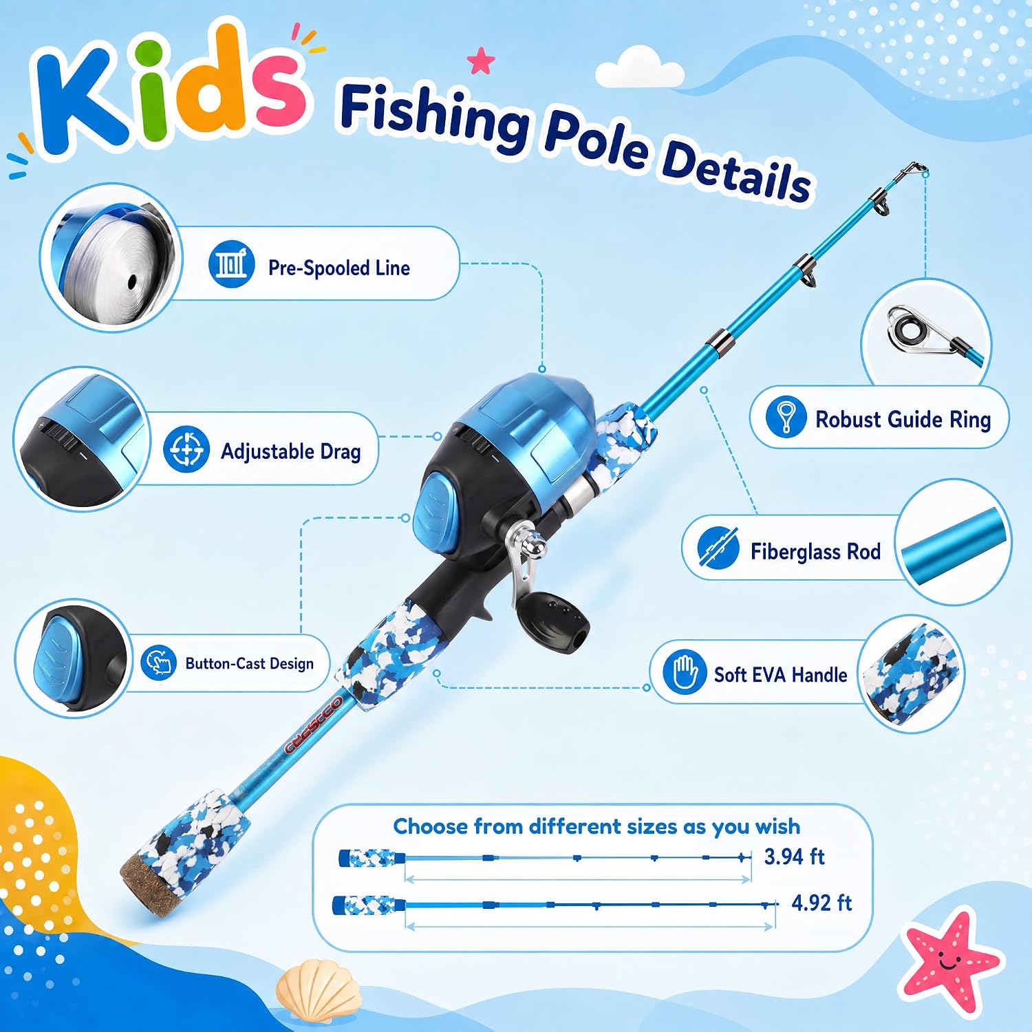 Kids Fishing Pole - Portable Kids Fishing Rod and Reel Combo, Kids Fishing Gear with Tackle Box, Spincast Reel
