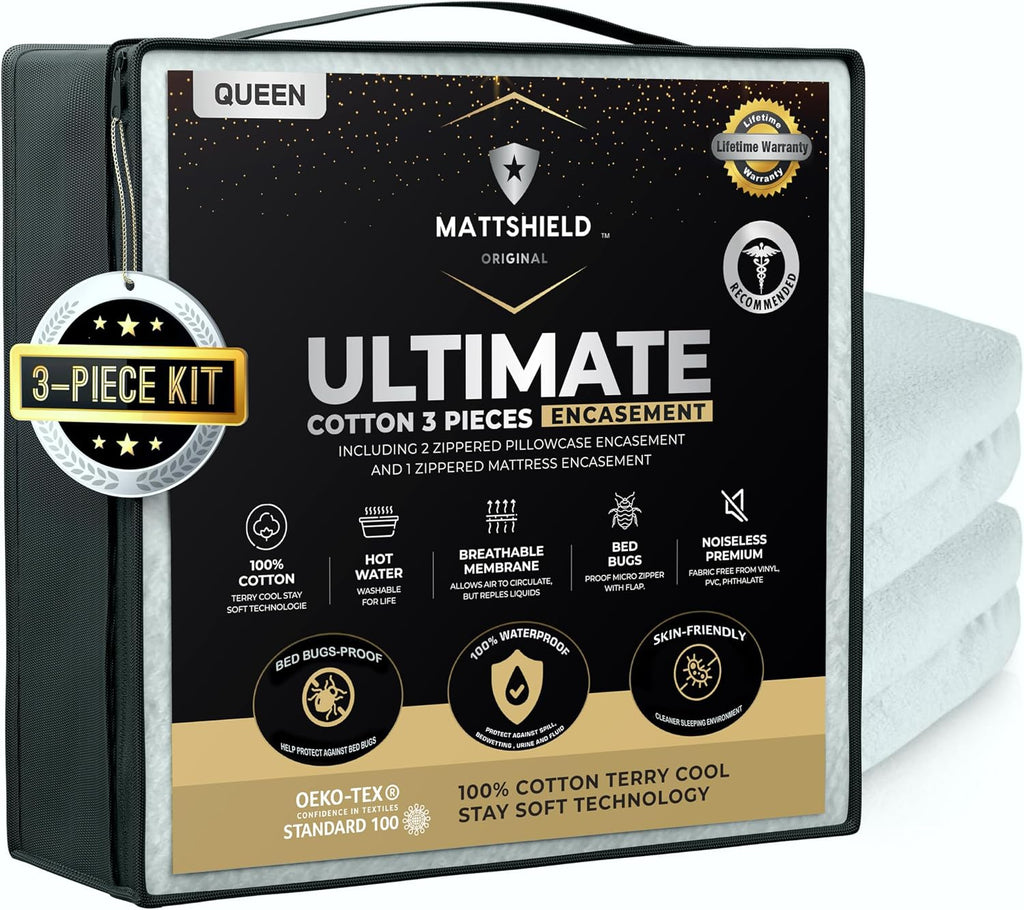 MATTSHIELD Ultimate 3-Piece Kit - Bed Bug-Proof Mattress Cover Queen Size 100% Cotton Top + 2 Pillow Protectors with