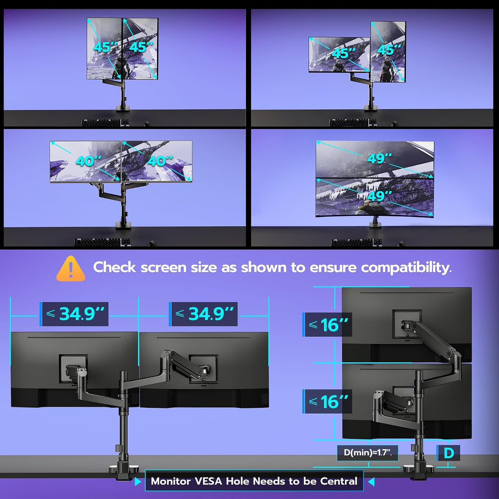Dual Monitor Arm Desk Mount for 17-49 Inch Monitors Holds 44 lbs, Black | Heavy Duty Monitor Mount Stacked Monitor