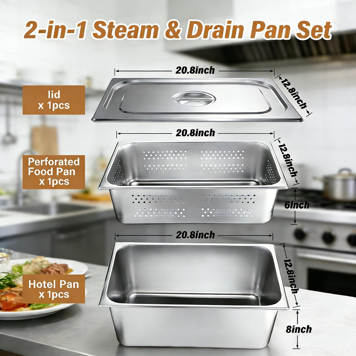 Hotel Pans with Lids Full Size 6 Inch, 8 Inch Steam Table Pans
