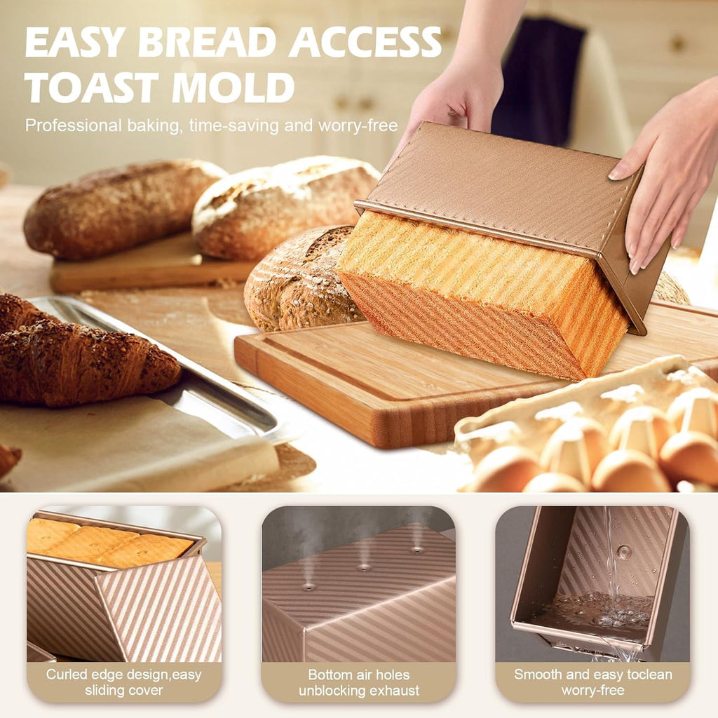 Pullman Loaf Pan with Lid, 2 Pack 2.2 LB & 1 LB Dough Capacity, Non-Stick Carbon Steel Bread Pan for Sandwich Bread