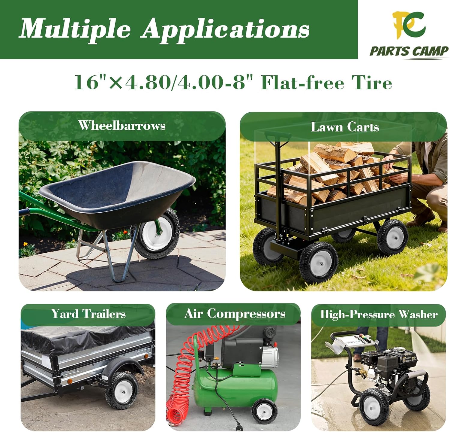4.80/4.00-8" Flat Free Wheelbarrow Tire and Wheel - 16" Universal Fit for Garden Wagon, Cart, Trolley, Dolly - 5/8" &