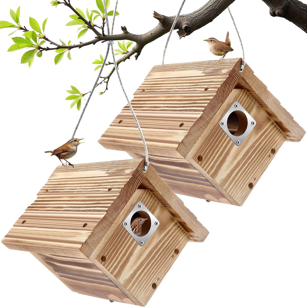 2 Wren House with Metal Guard, 1-1/8'' Entrance Hole Hanging Wren Bird Houses for Outside for Nesting with Air Vents