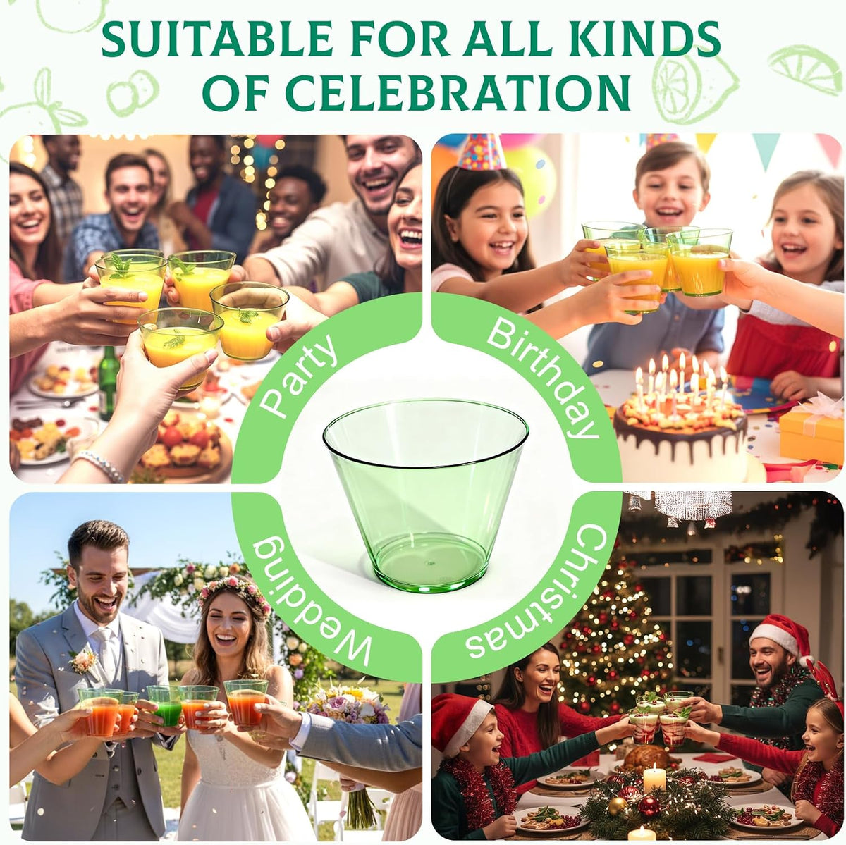 9 OZ Green Disposable Plastic Cups Cocktail Cup 50 Pack