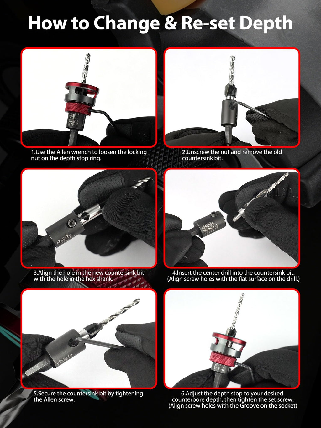 Faoyoon 9PCS Countersink Drill Bit Set with Adjustable Depth Stop Collar