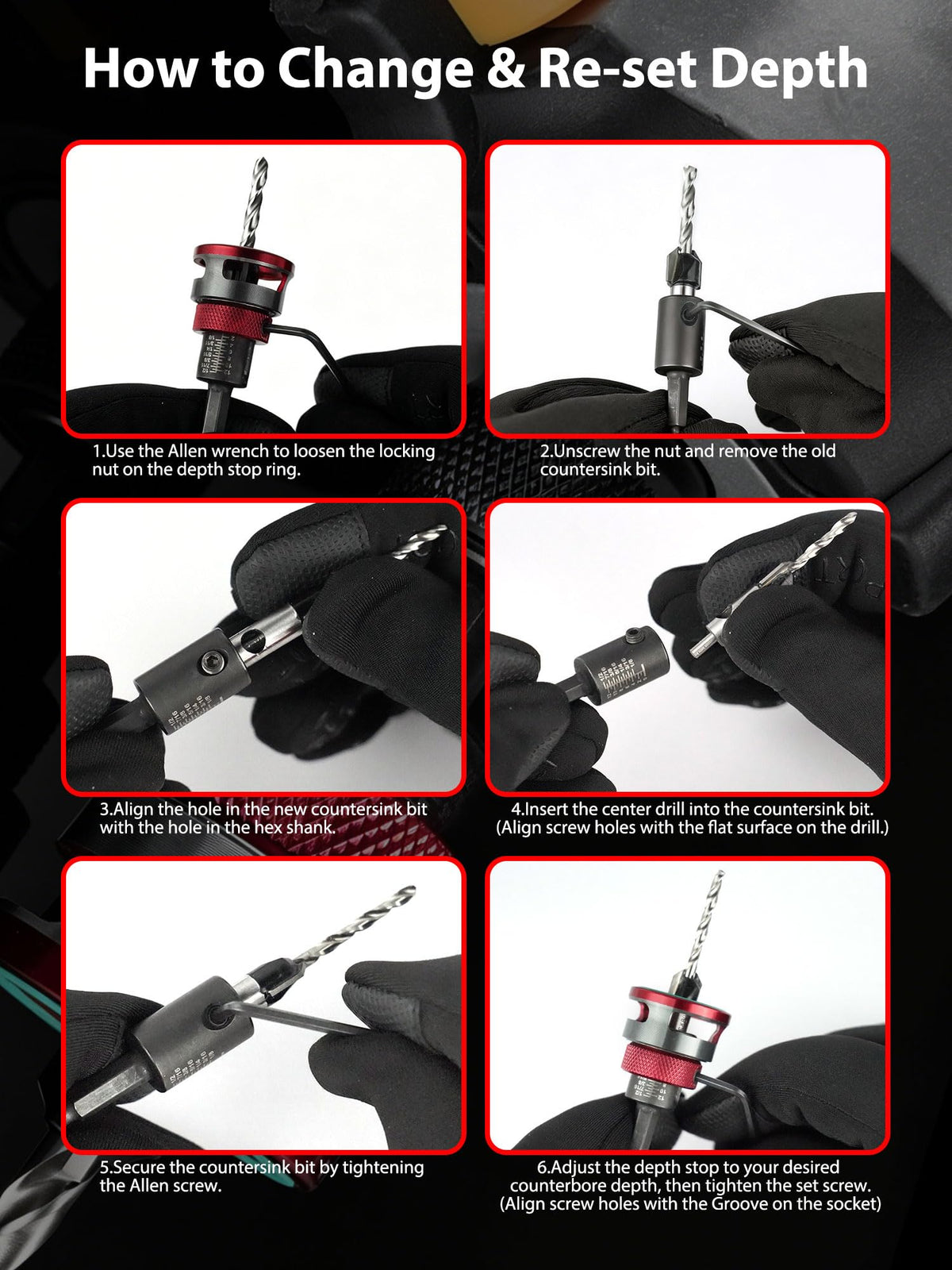 Faoyoon 9PCS Countersink Drill Bit Set with Adjustable Depth Stop Collar