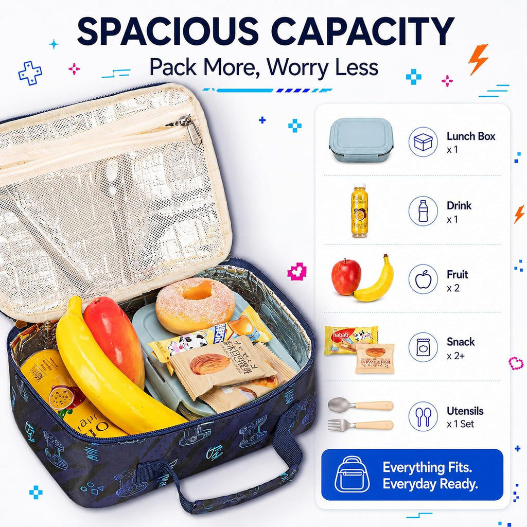 Lunch Box Kids Boys Insulated Lunch Cooler Bag Reusable Lunch Tote Kit for School Travel，Black