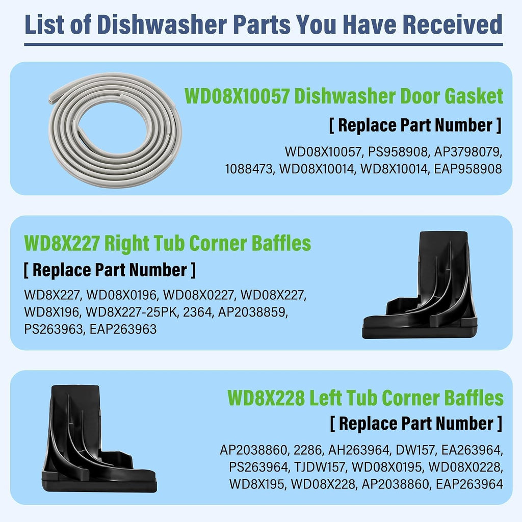 WD08X10057 Dishwasher Door Gasket Seal with WD8X228 WD8X227 Corner Baffles