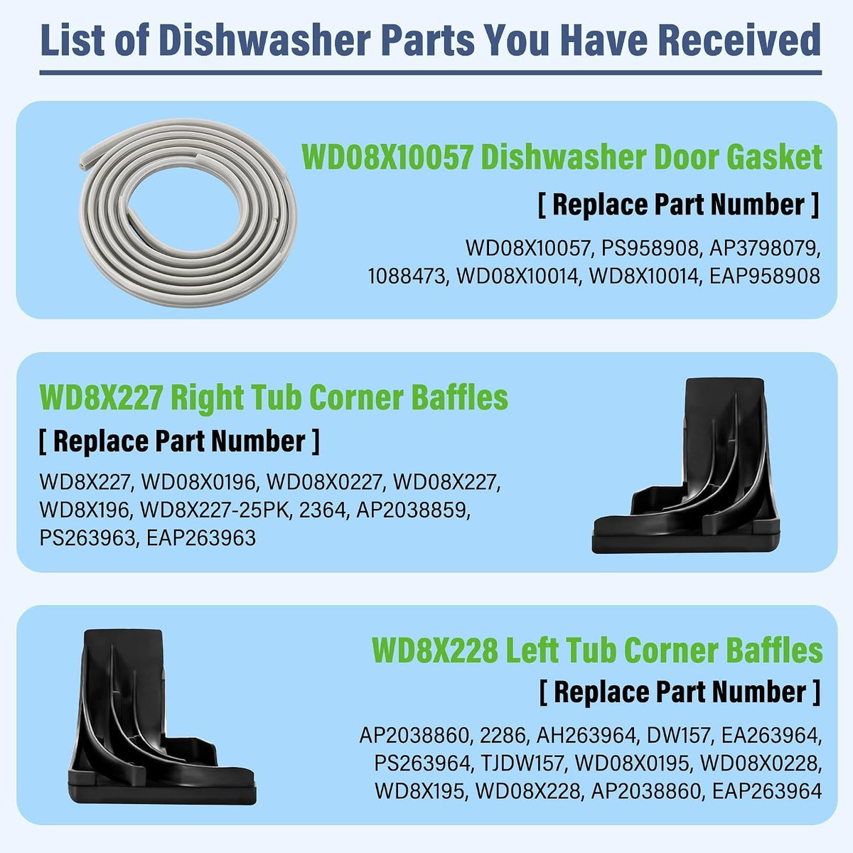 WD08X10057 Dishwasher Door Gasket Seal with WD8X228 WD8X227 Corner Baffles