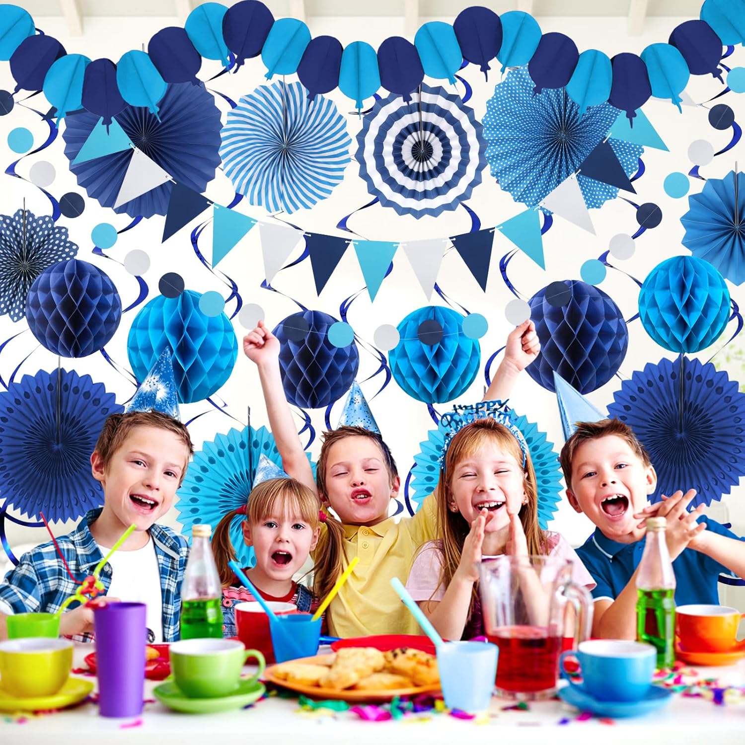 Blue Party Decorations, Easy Assembly Paper Fan Honeycomb Ball Garland Hanging Swirl Navy Blue Party Supplies for Boy